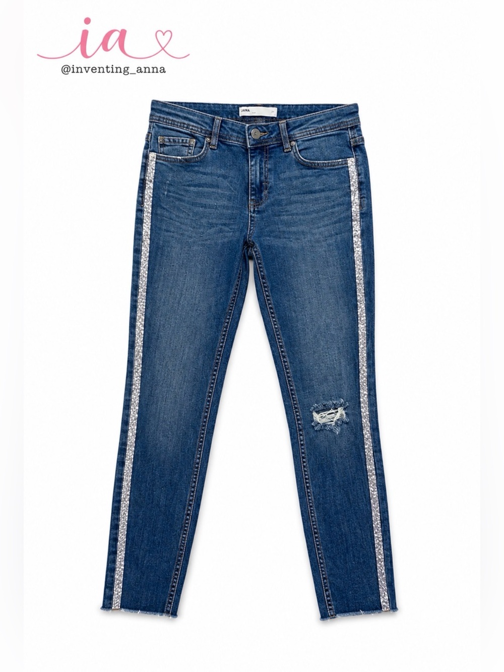ZARA Blue Distressed Medium Wash Skinny Jeans with Silver Tuxedo Stripe size 8